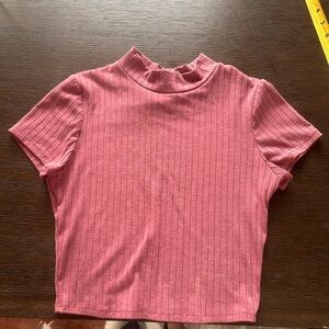 Bozzolo Pink Ribbed Crop T-Shirt with Collar
